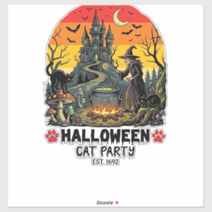 Pegatina Fiesta de Gatos de Halloween Bruja Caldero Gatos N