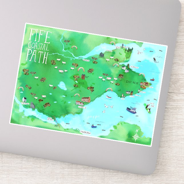 Pegatina Fife Ruta costera Escocia Watercolor Map Art (Detalle)