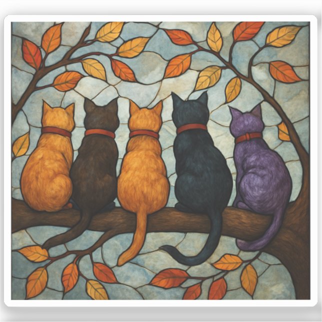 Pegatina Five Cats on a Tree Branch Stained Glass Style (Anverso)