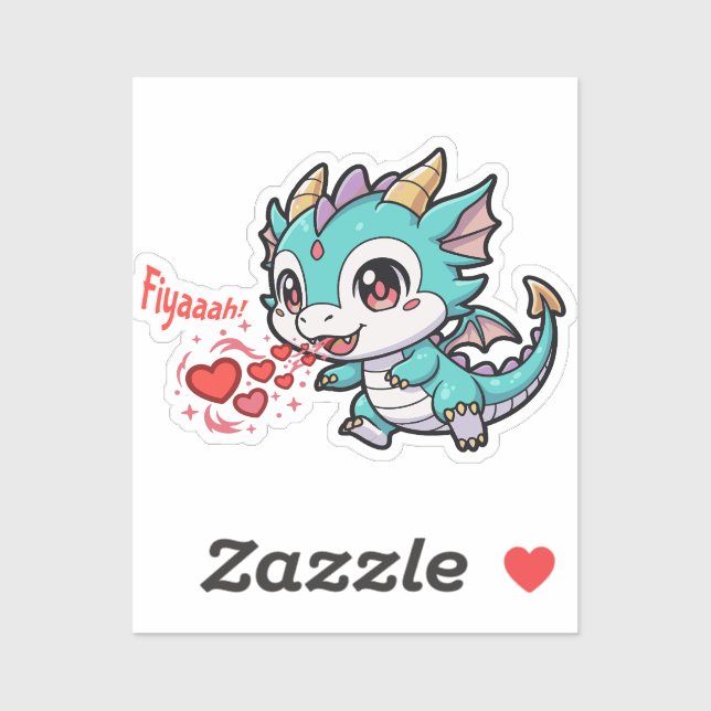 Pegatina Fiyaaah Cute Baby Dragon Chibi Anime Kawaii Heart (Hoja)