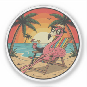 Pegatina Flamenco de Vacaciones - Atardecer Retro en la Pla