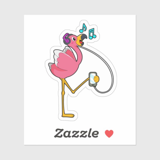 Pegatina Flamingo en Music with Headphone (Hoja)