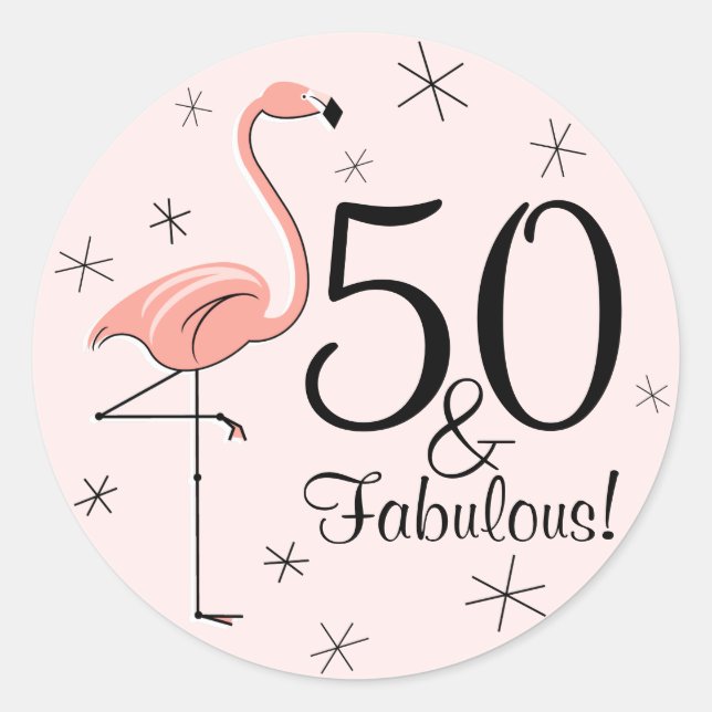 Pegatina Flamingo Pink '50 y Fabulous!' (Anverso)
