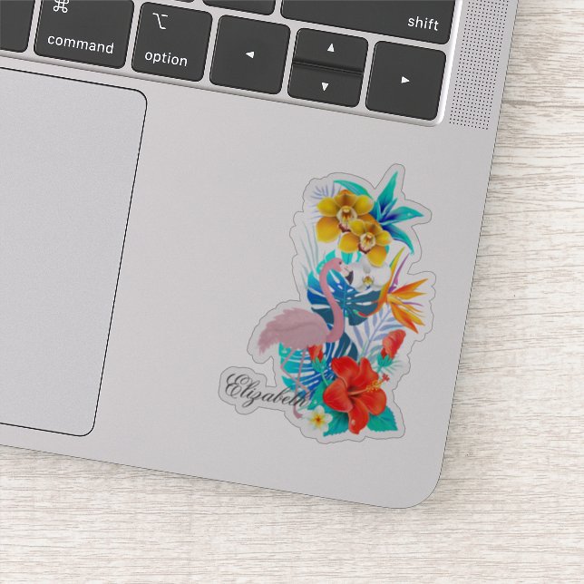 Pegatina Flamingo rosa, flores tropicales - Personalizado (Detalle)