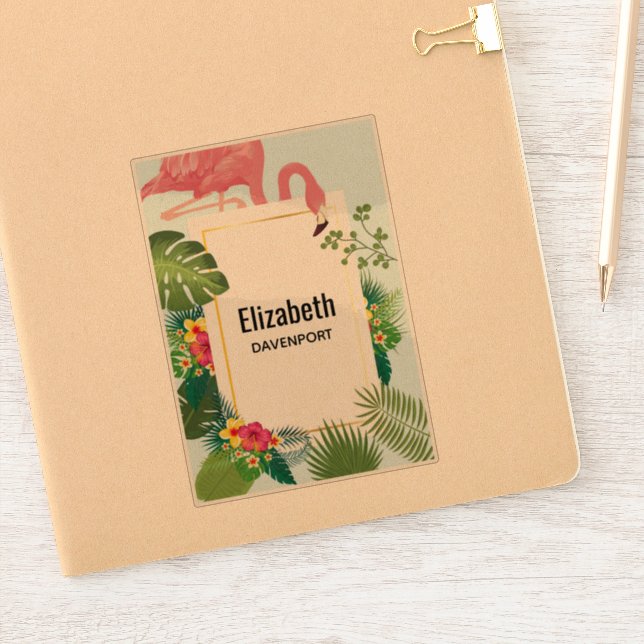 Pegatina Flamingo rosa y hojas tropicales de diseño (Cuaderno)