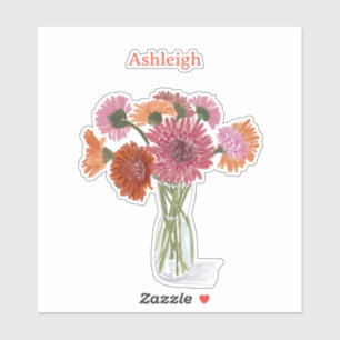 Pegatina Flor colorida de Arty Gerbera +Nombre personalizad