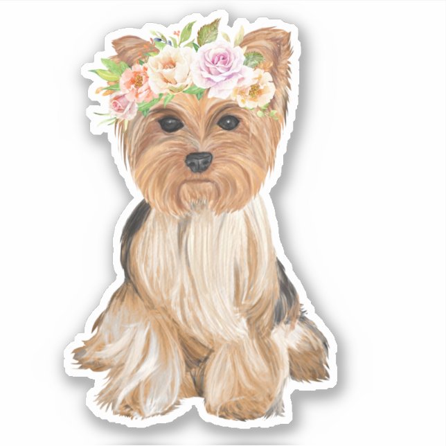 Pegatina Flor Crown Yorkie (Anverso)