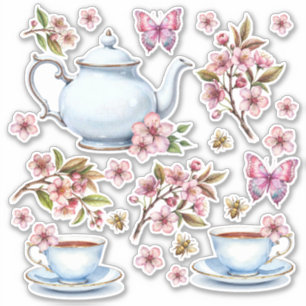 Pegatina Flor de cerezo rosa campo de flores con té