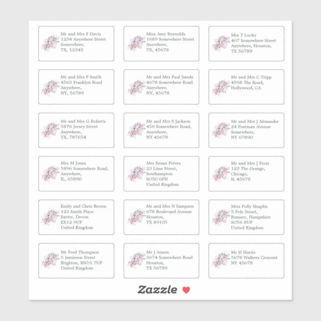 Pegatina Floral Boda de nombres y direcciones individuales (Hoja)