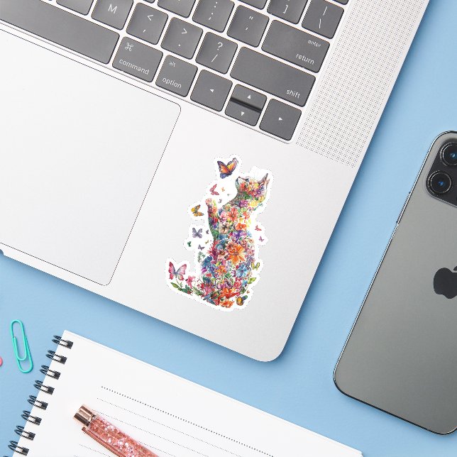Pegatina Floral Cat Silhouette with Butterflies stickers (Ordenado portátil con iPhone)