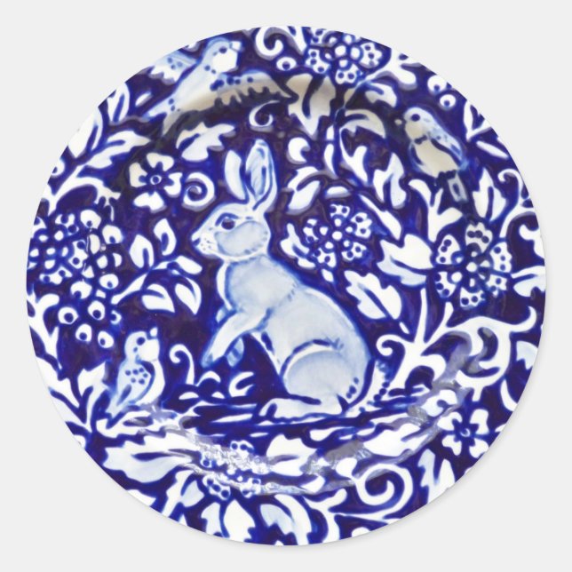 Pegatina floral de aves de conejo blanco azul Dedh (Anverso)