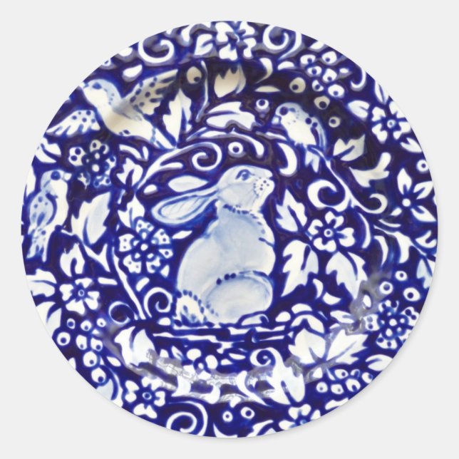 Pegatina floral de aves de conejo blanco azul Dedh (Anverso)