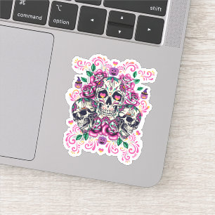 Pegatina Floral de calavera, acuarela de esqueleto rosa, Ha