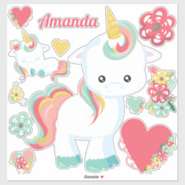 Pegatina Floral de corazón de Cute Girly Unicorn