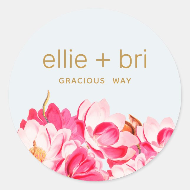 Pegatina floral de magnolia acuarela rosa redonda  (Anverso)