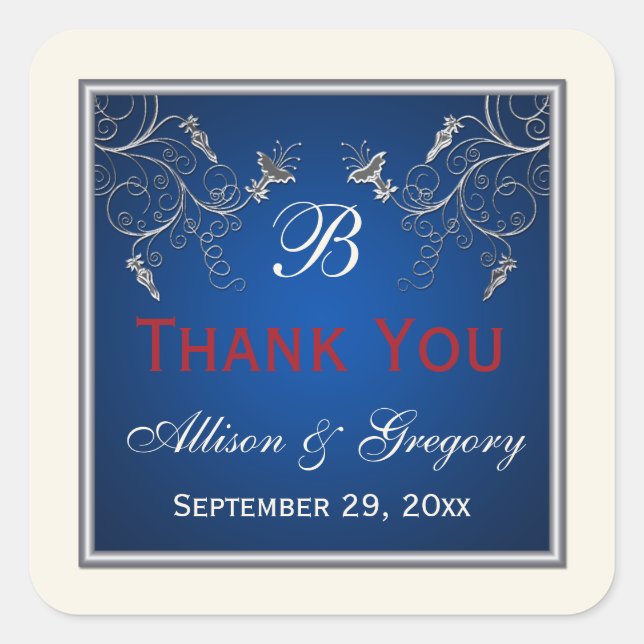 Pegatina floral de Monograma, Marfil, Rojo y Plata (Anverso)