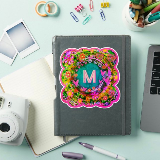 Pegatina Floral inicial de cosecha Boho Pink Fun Inespirivi (Subido por el creador)