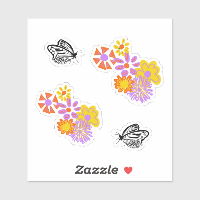 Pegatina Flores amarillas naranja de mariposa blanca negra (Hoja)