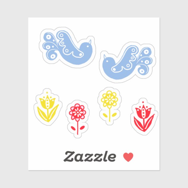 Pegatina Flores amarillas rojas de pájaro azul Scandi (Hoja)