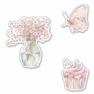 Pegatina Flores blancas de rosa sonrosado bonitas mariposa 