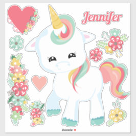 Pegatina Flores Corazones Unicornio Bonito Femenino
