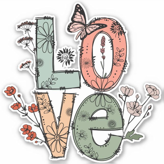 Pegatina Flores de amor y mariposas Naranja verde (Anverso)