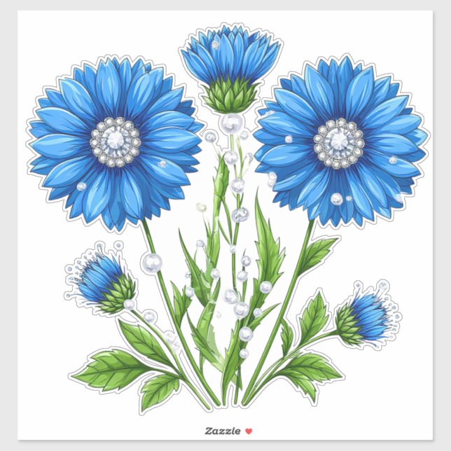 Pegatina Flores de Anémona Azules con Tallos Verdes (Hoja)