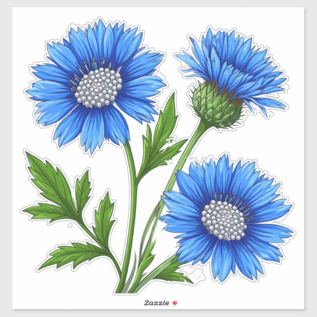 Pegatina Flores de Anémona Azules con Tallos Verdes (Hoja)