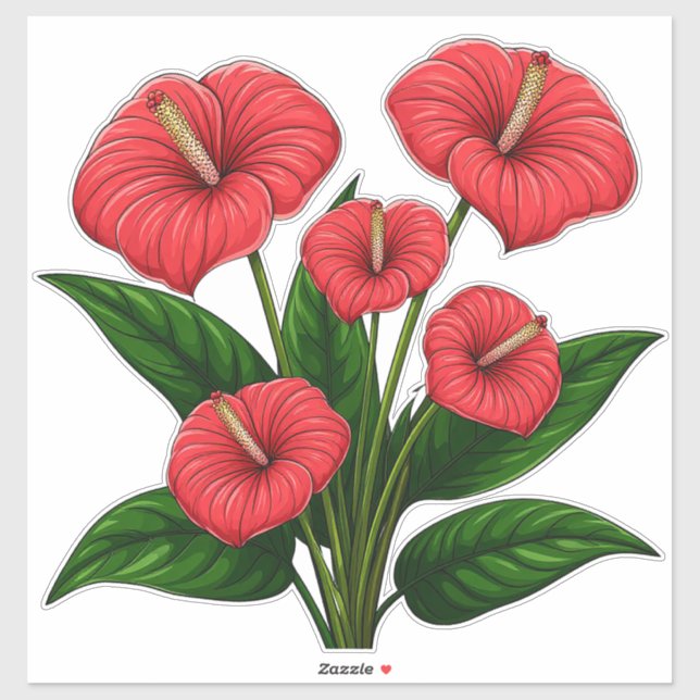 Pegatina Flores de Anturio Rojas con Hojas Verdes (Hoja)