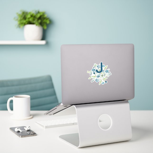 Pegatina Flores de color verde azul monograma elegante (Monogram Elegant Blue Green Watercolor Flowers Sticker from Studio Posies. )