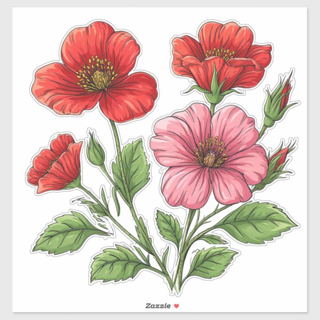 Pegatina Flores de Hibisco Rojo y Rosa Brillante (Hoja)