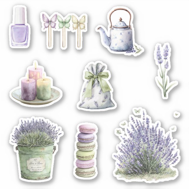 Pegatina Flores de lavanda en cubo verde (Anverso)