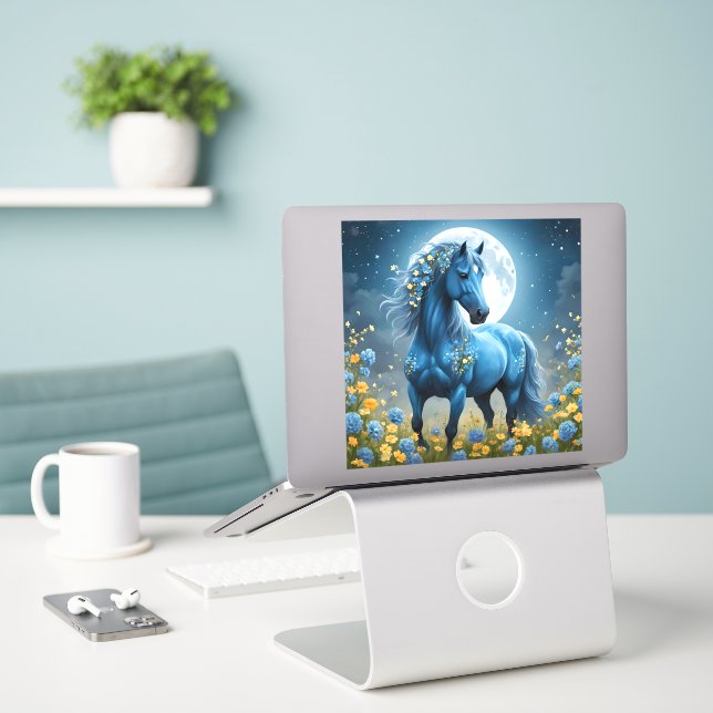 Pegatina Flores de luna de caballo mágico azul, (Ordenado portátil  en el escritorio)
