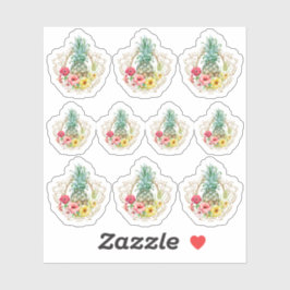 Pegatina Flores de piña e hibisco acuarela tropical