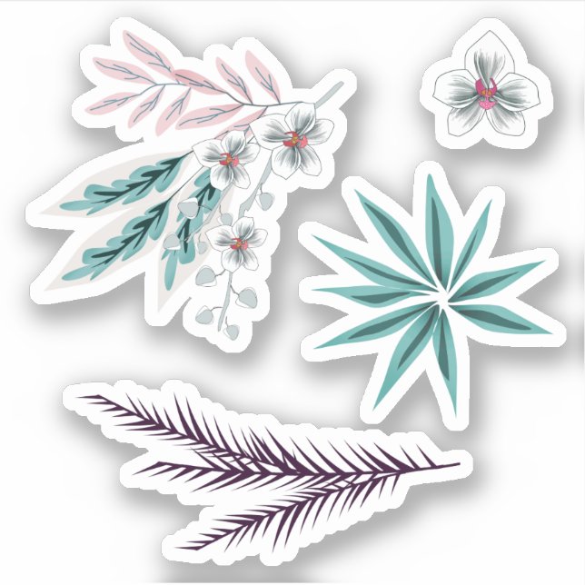Pegatina Flores, hojas, flores, hojas, ramas, (Anverso)