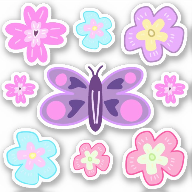 Pegatina Flores Personalizados de dibujos a mano y mariposa (Anverso)