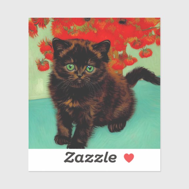 Pegatina Flores rojas de gato negro Van Gogh (Hoja)