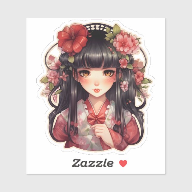 Pegatina Flores rosadas de chica anime (Hoja)