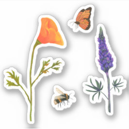 Pegatina Flores silvestres Poppy Butterfly Bee