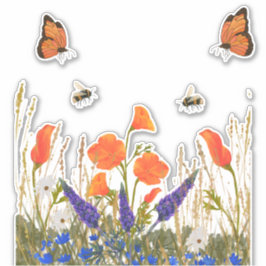 Pegatina Flores silvestres Poppy Mariposas Abejas