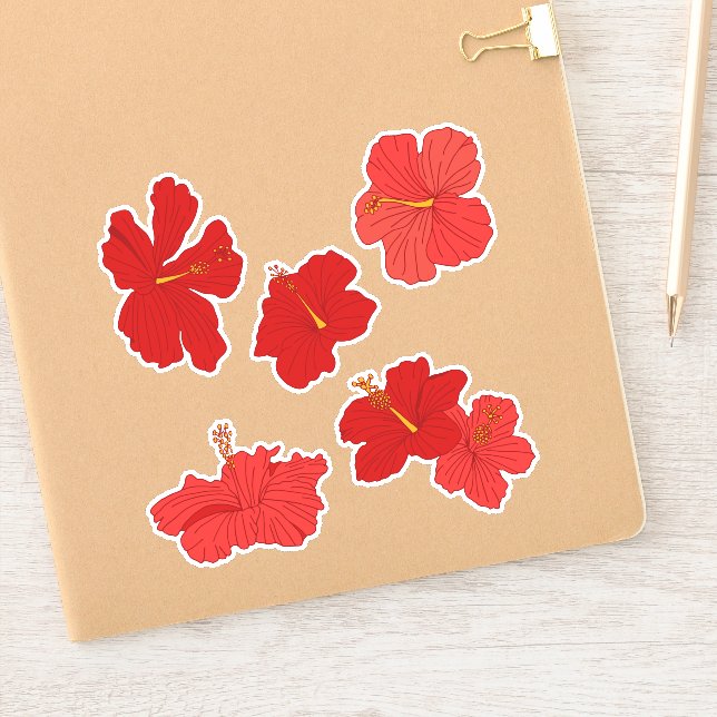 Pegatina Flores tropicales de hibiscus en rojo y rosa (Cuaderno)