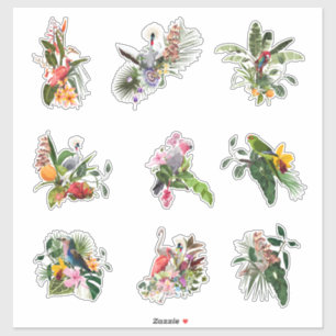 Pegatina Flores tropicales, hojas de palma y pájaros.