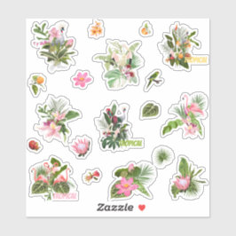 Pegatina Flores tropicales, hojas de palma y pájaros.