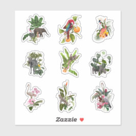 Pegatina Flores tropicales, hojas de palma y pájaros.