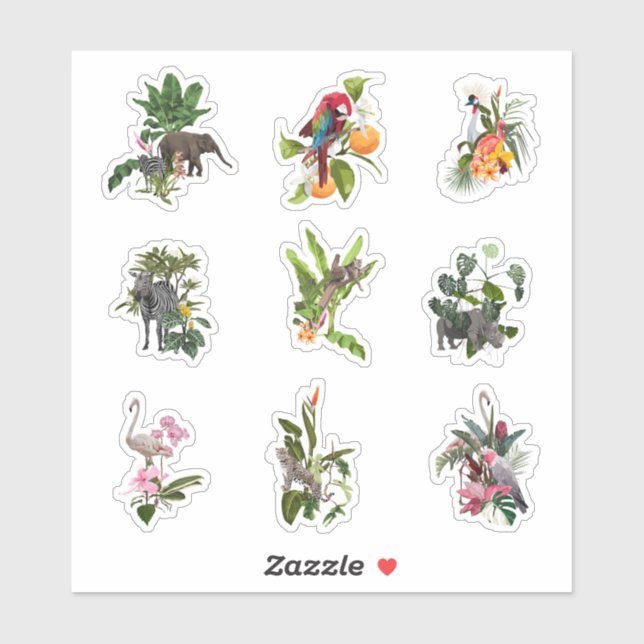 Pegatina Flores tropicales, hojas de palma y pájaros. (Hoja)