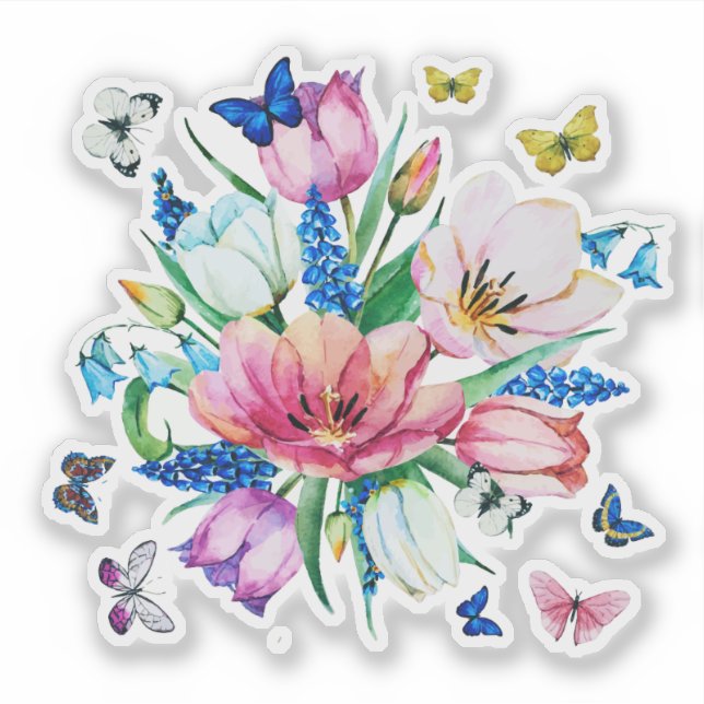Pegatina Flores y mariposas coloridas (Anverso)