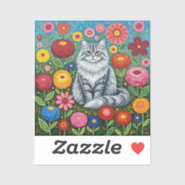 Pegatina Fluffy Gray Striped Cat with Folk Art Flowers
