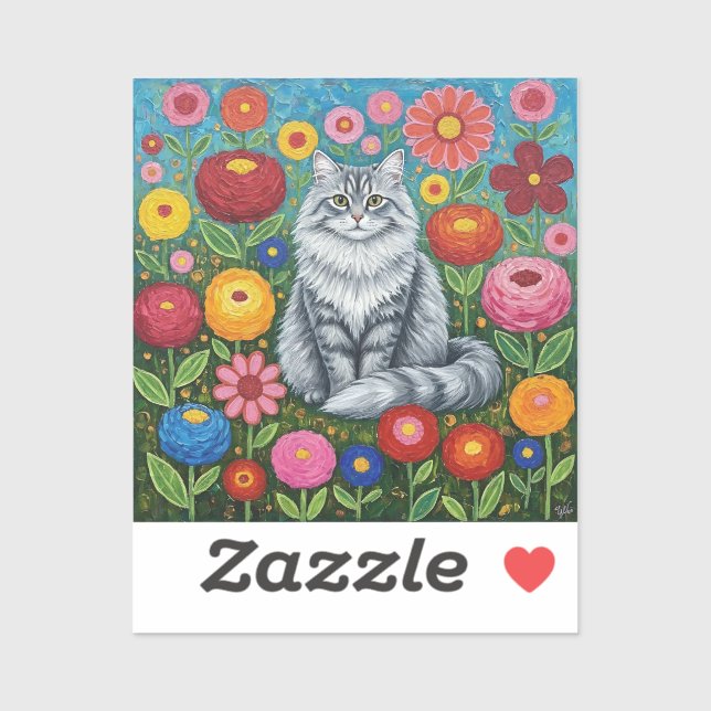 Pegatina Fluffy Gray Striped Cat with Folk Art Flowers (Hoja)