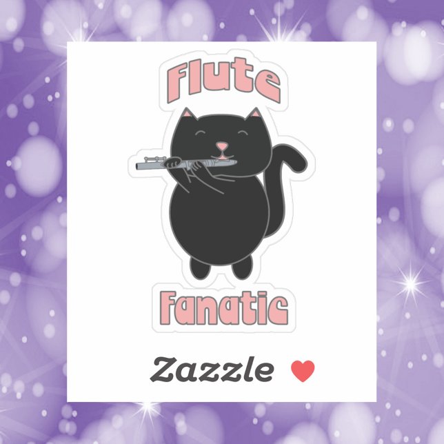 Pegatina Flute Fanatic Pink Black Cat Cute (A sticker of a black flute playing cat with the words Flute Fanatic.)