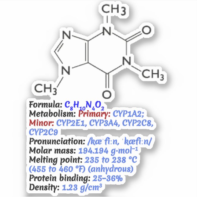 Pegatina Fórmula química de cafeína - Estructura molecular (Anverso)